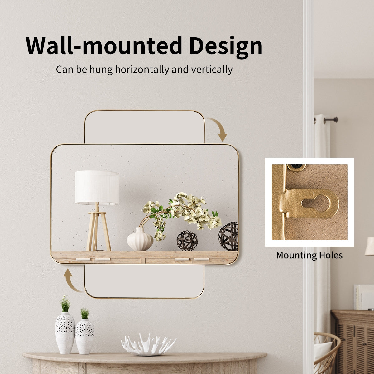 Golden 32x20 Inch Metal Frame Wall-Mounted Rectangle Mirror
