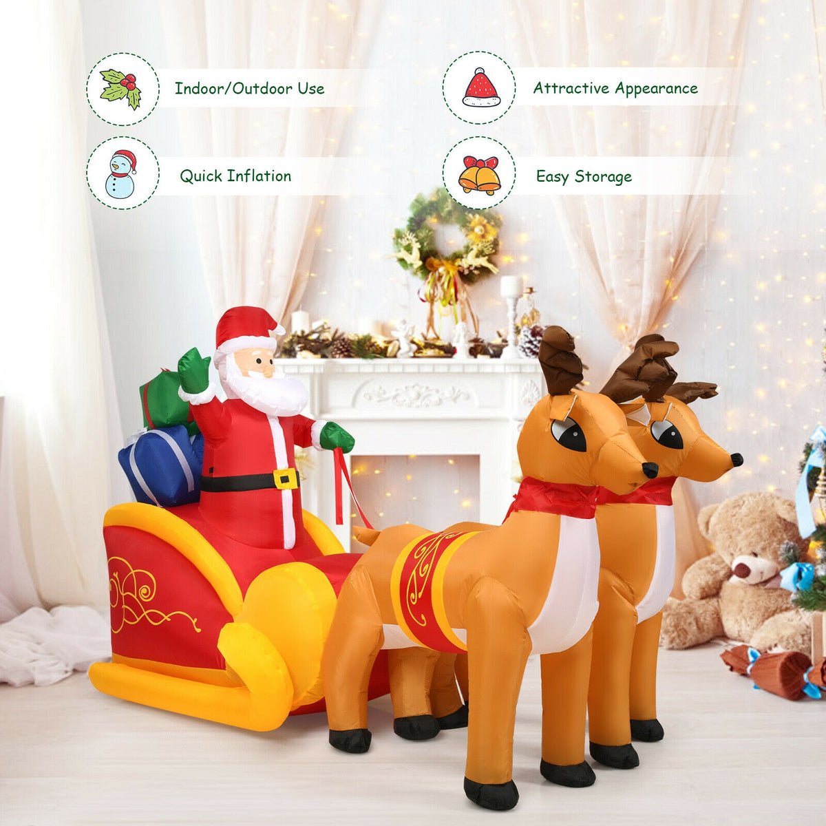Inflatable Santa with Double Reindeer and Sled - Waterproof Outdoor Christmas Decor - Variation: Santa Claus with Double Reindeer Sleigh