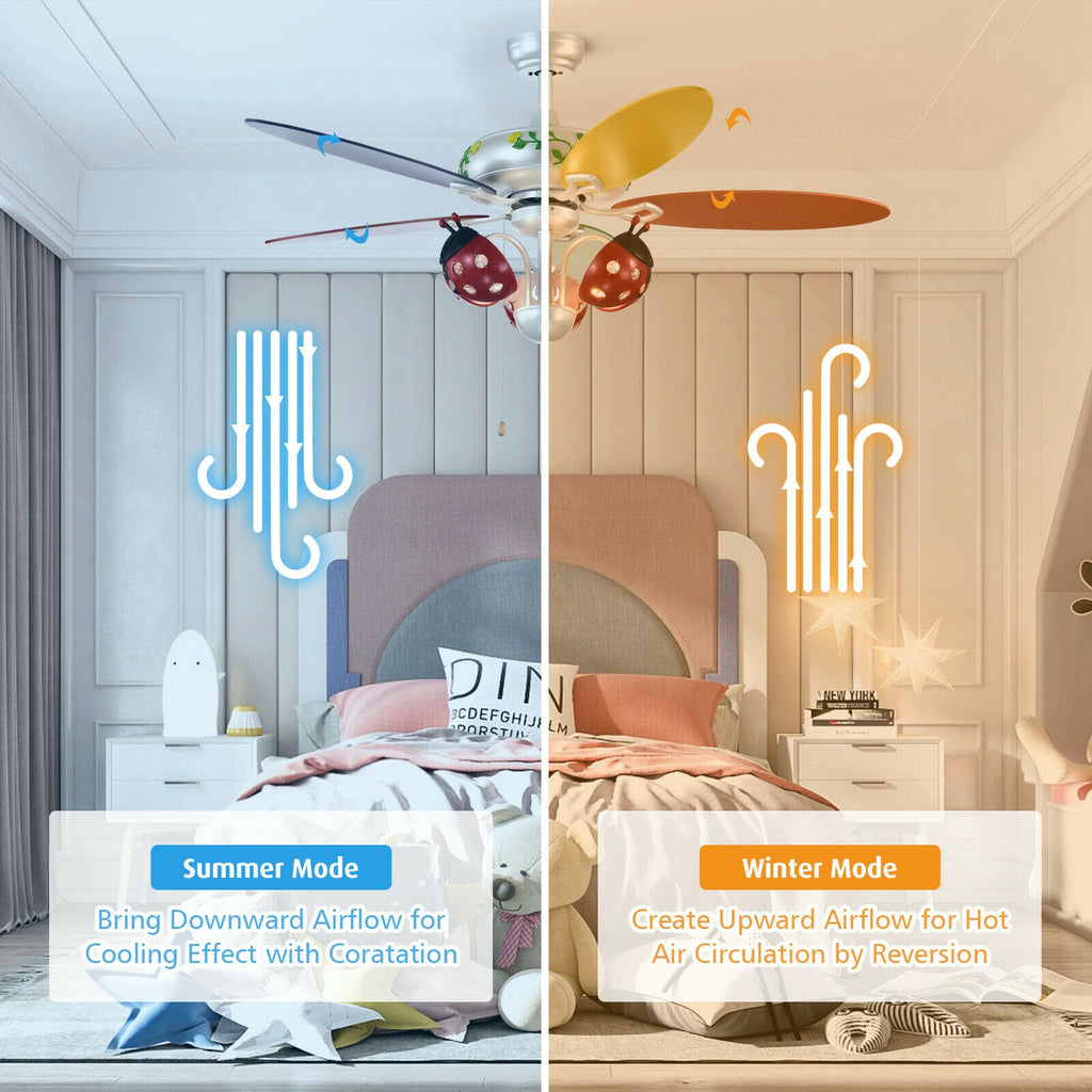 Kids Ceiling Fan with Be Beetle Lampshade, Colorful Blades & Reversible Motor