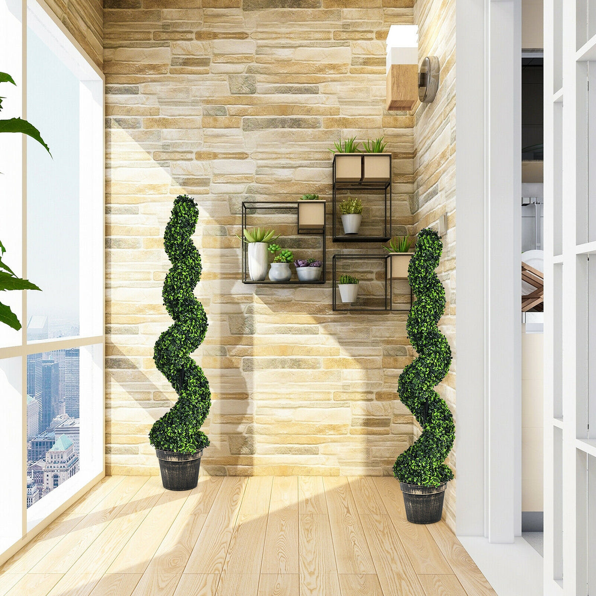 PE Variation 2 Pack 4ft Artificial Spiral Boxwood Topiary Trees Indoor Outdoor Decor