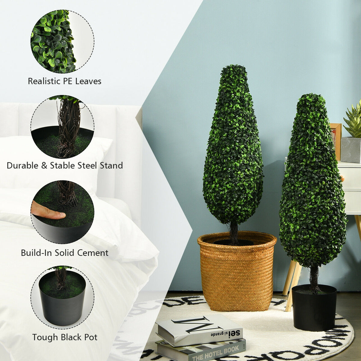 UV Resistant Artificial Topiary Tree - 3 Feet Tower Indoor Outdoor Set of 2