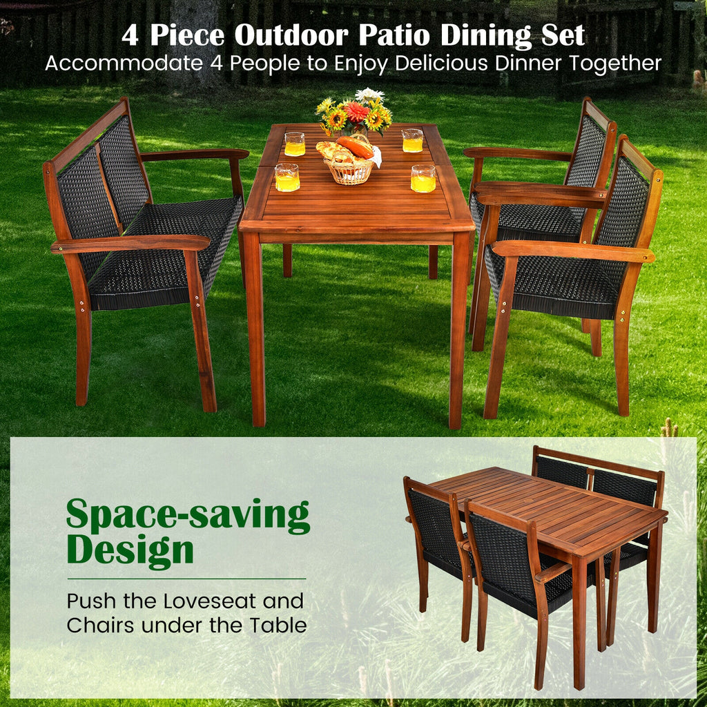4 Pieces Acacia Wood Patio Rattan Dining Furniture Set