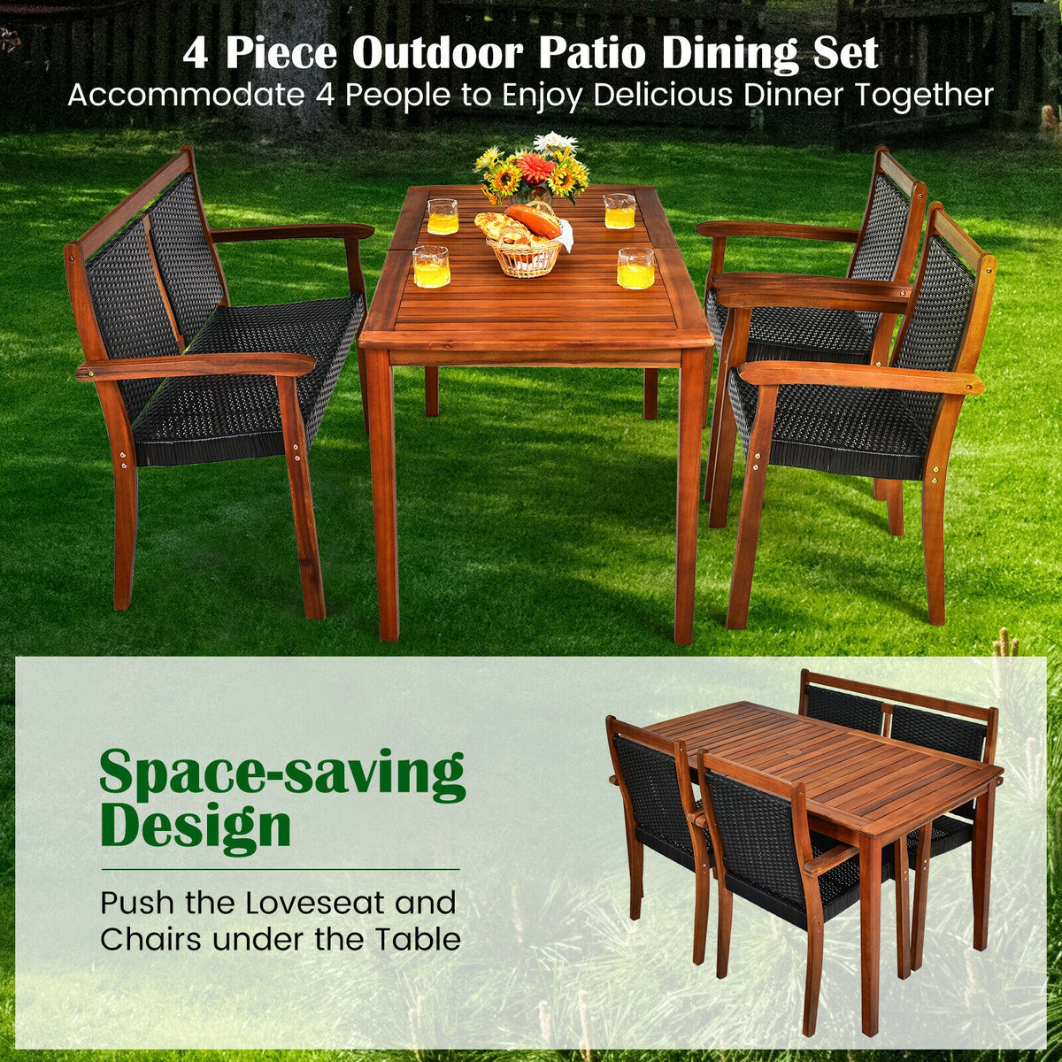 4 Pieces Acacia Wood Patio Rattan Dining Furniture Set