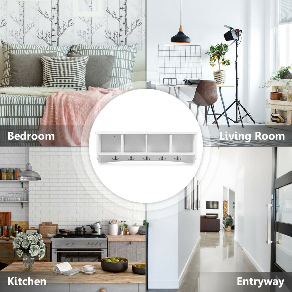 Wall Mounted Storage Cabinet with Coat Rack - White