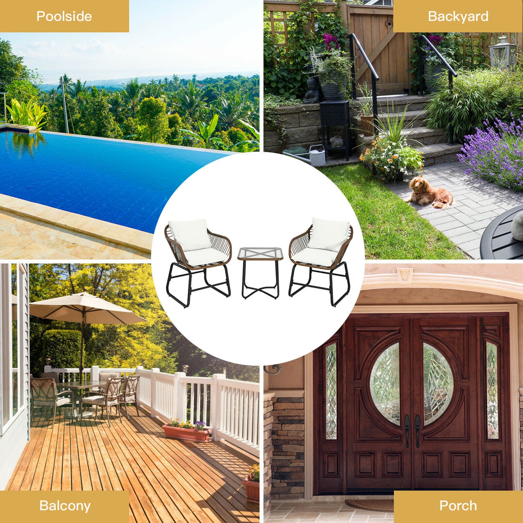 3 Pieces Patio Rattan Bistro Set with Cushions and Glass Table