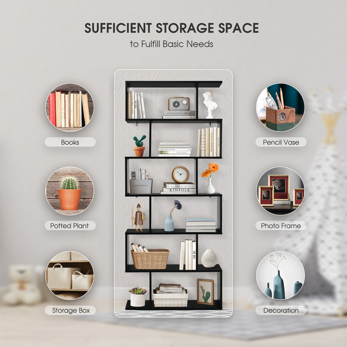 6-Tier S-Shaped Bookshelf - Black