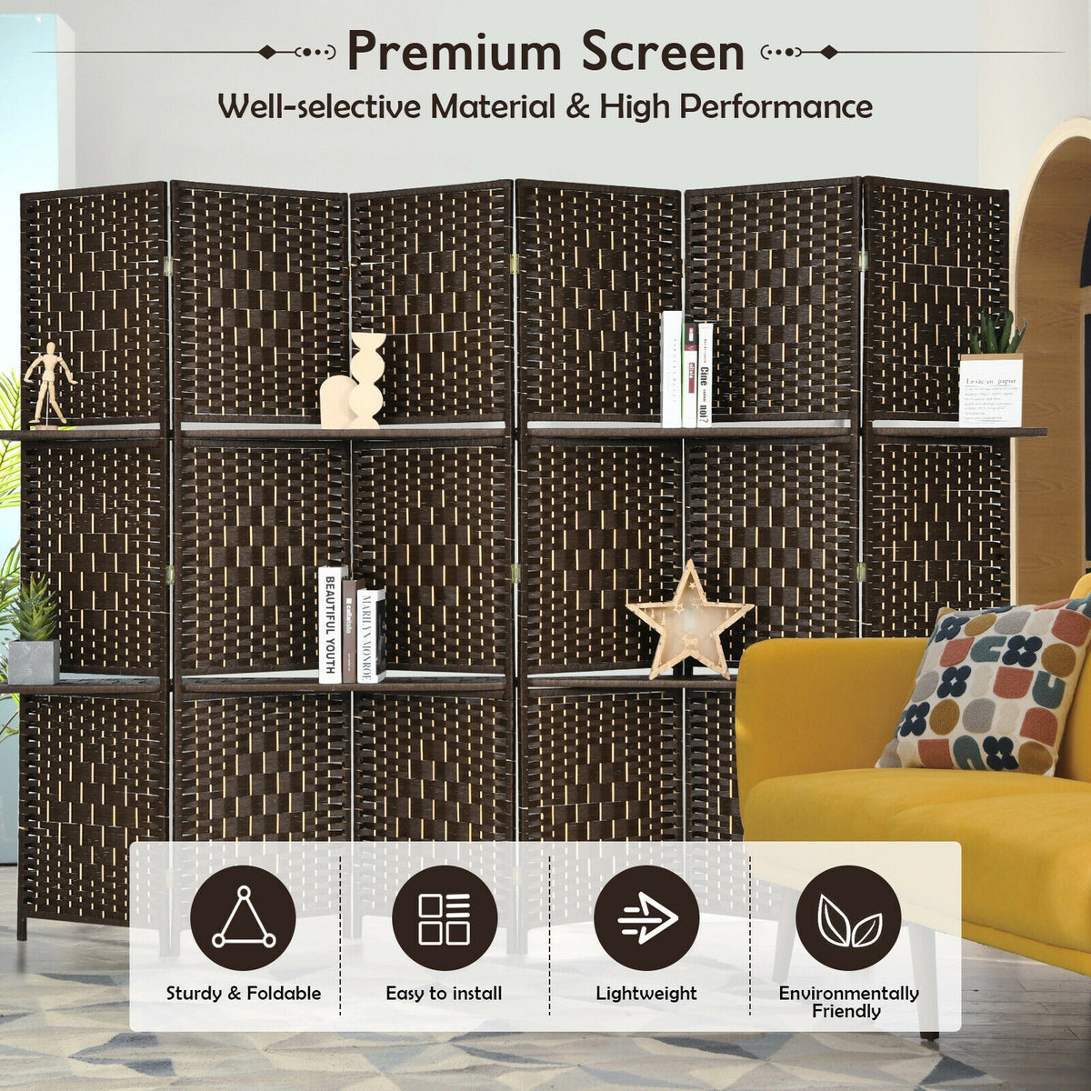 Brown 6-Panel Folding Fiber Room Divider with 2 Display Shelves - Natural Home Decor