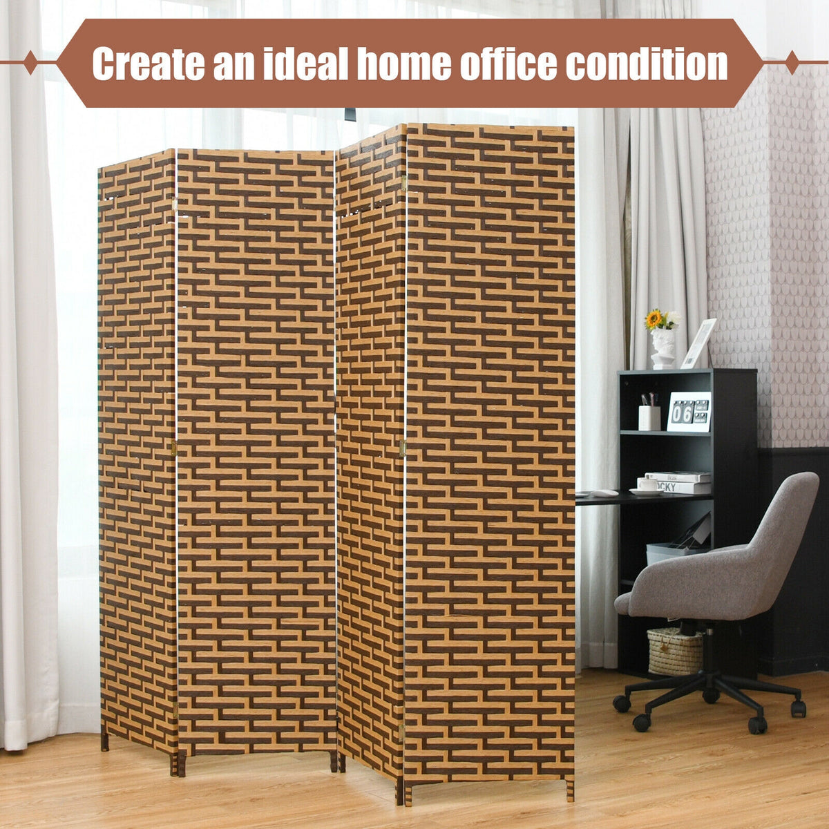 Yellow 4 Panel Folding Privacy Room Divider with Rustproof Hinges