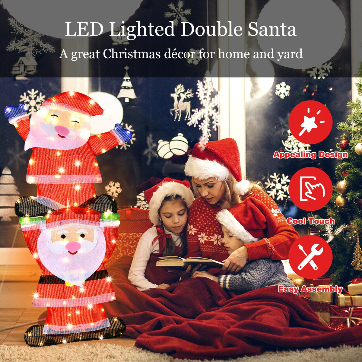 Metal Frame Double Santa LED Yard Decoration with String Lights & Stakes - Christmas Outdoor Decor