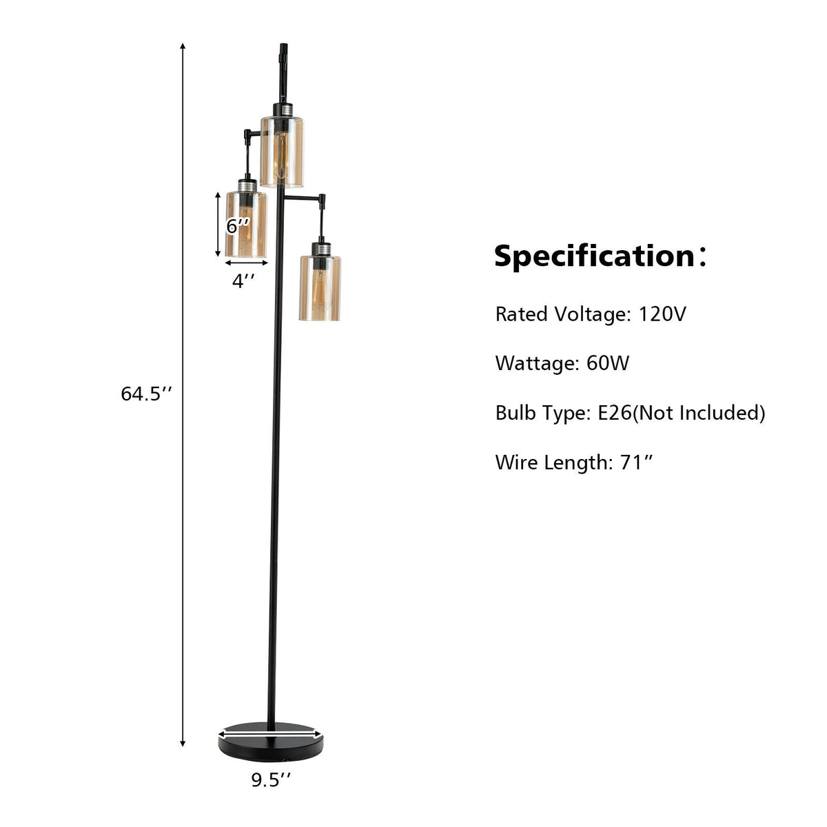 Retro Floor Lamp with 3-Head Hanging Amber Glass Shade - Stable Iron Base, Foot Switch