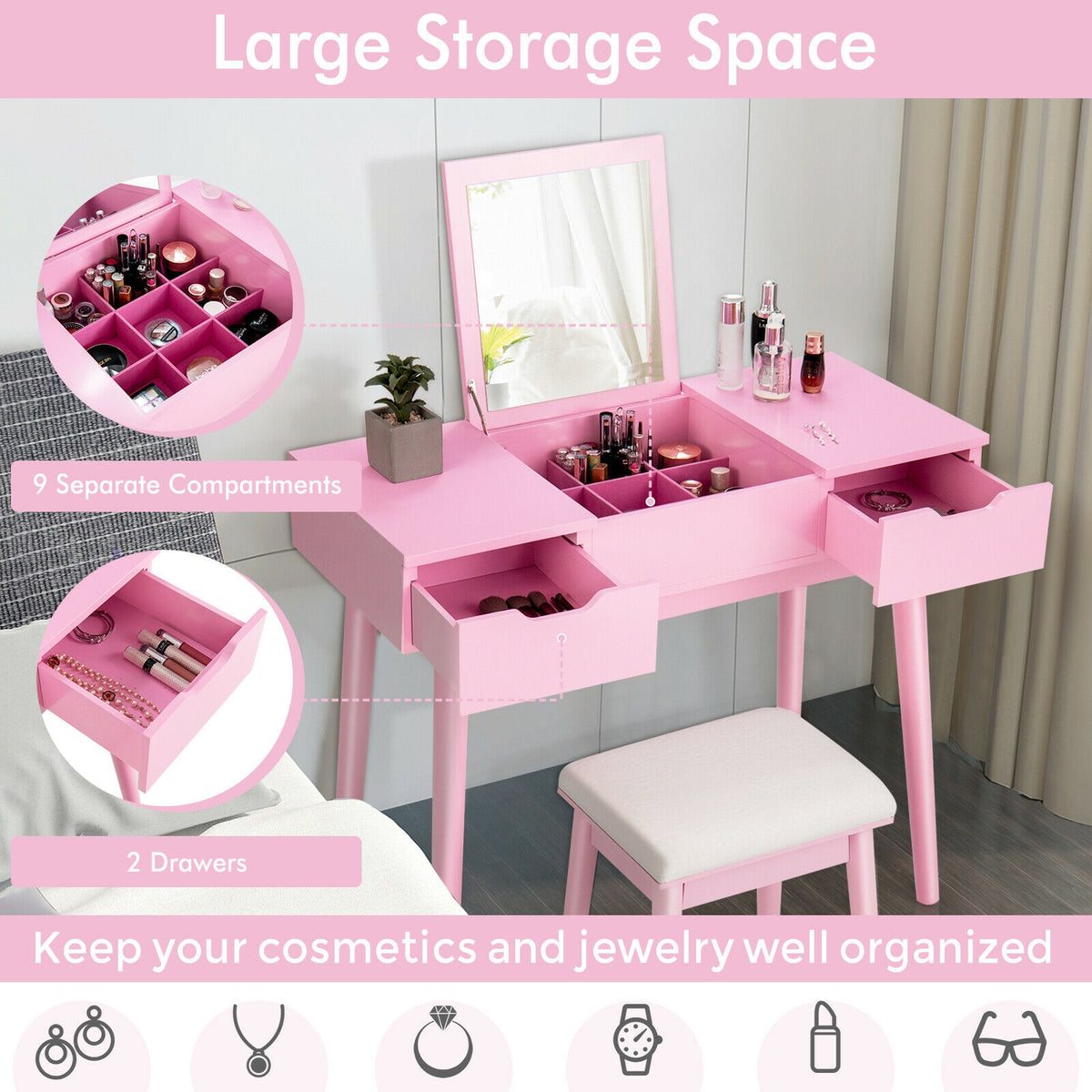 Makeup Vanity Table with Flip Top Mirror & 2 Drawers, Pink