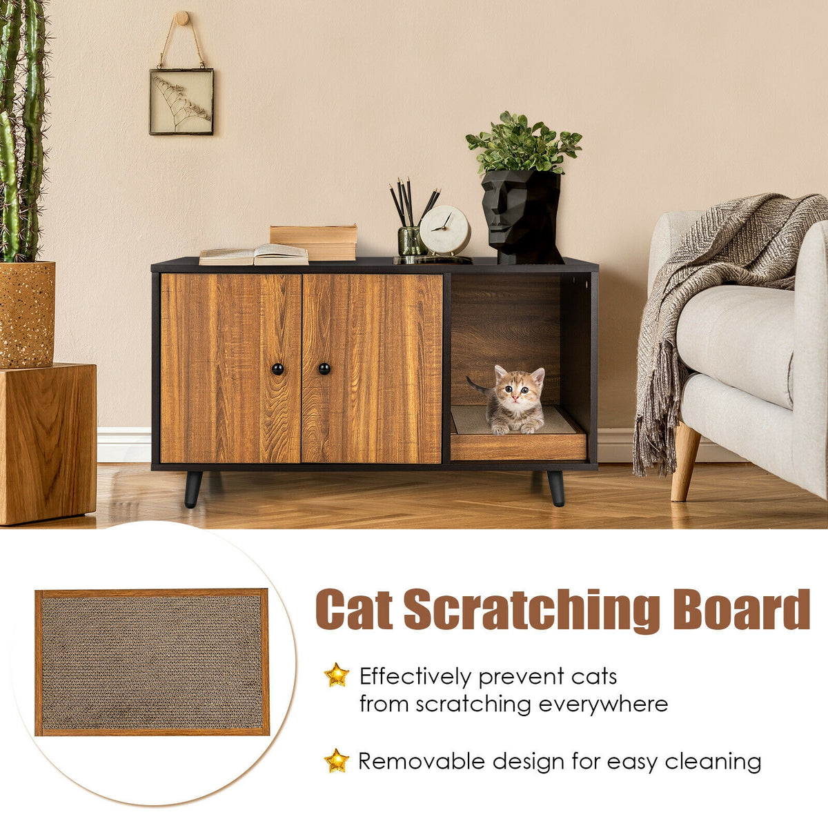 Cat Litter Box Enclosure with Divider and Double Doors - Brown, Costway