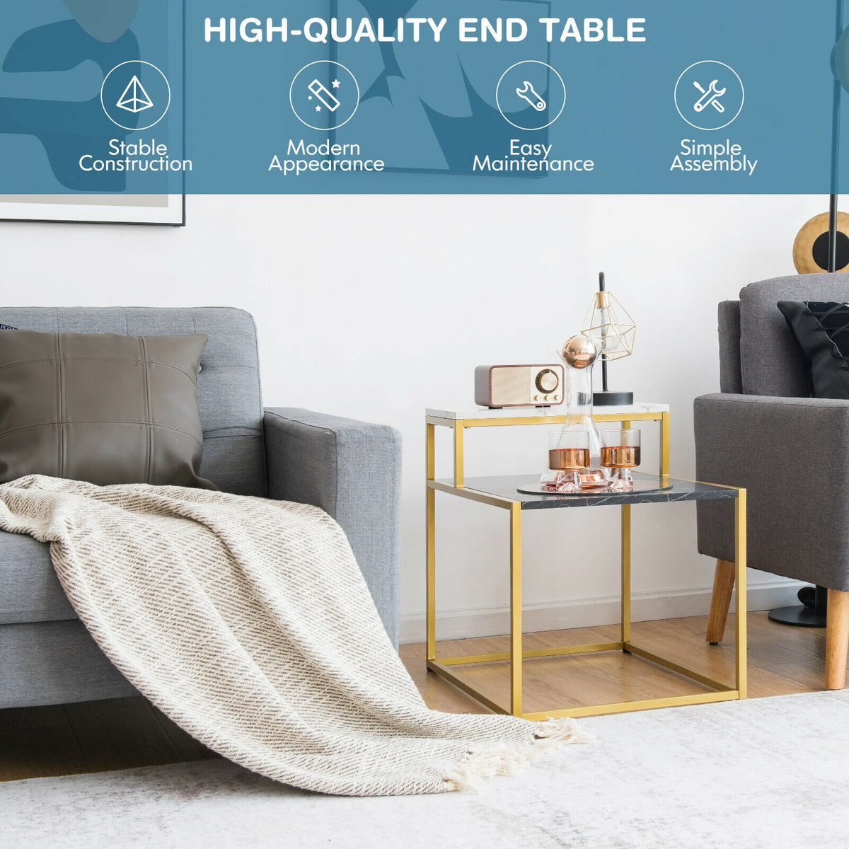 2-Tier Side Table with Marble Finish & Metal Frame – White