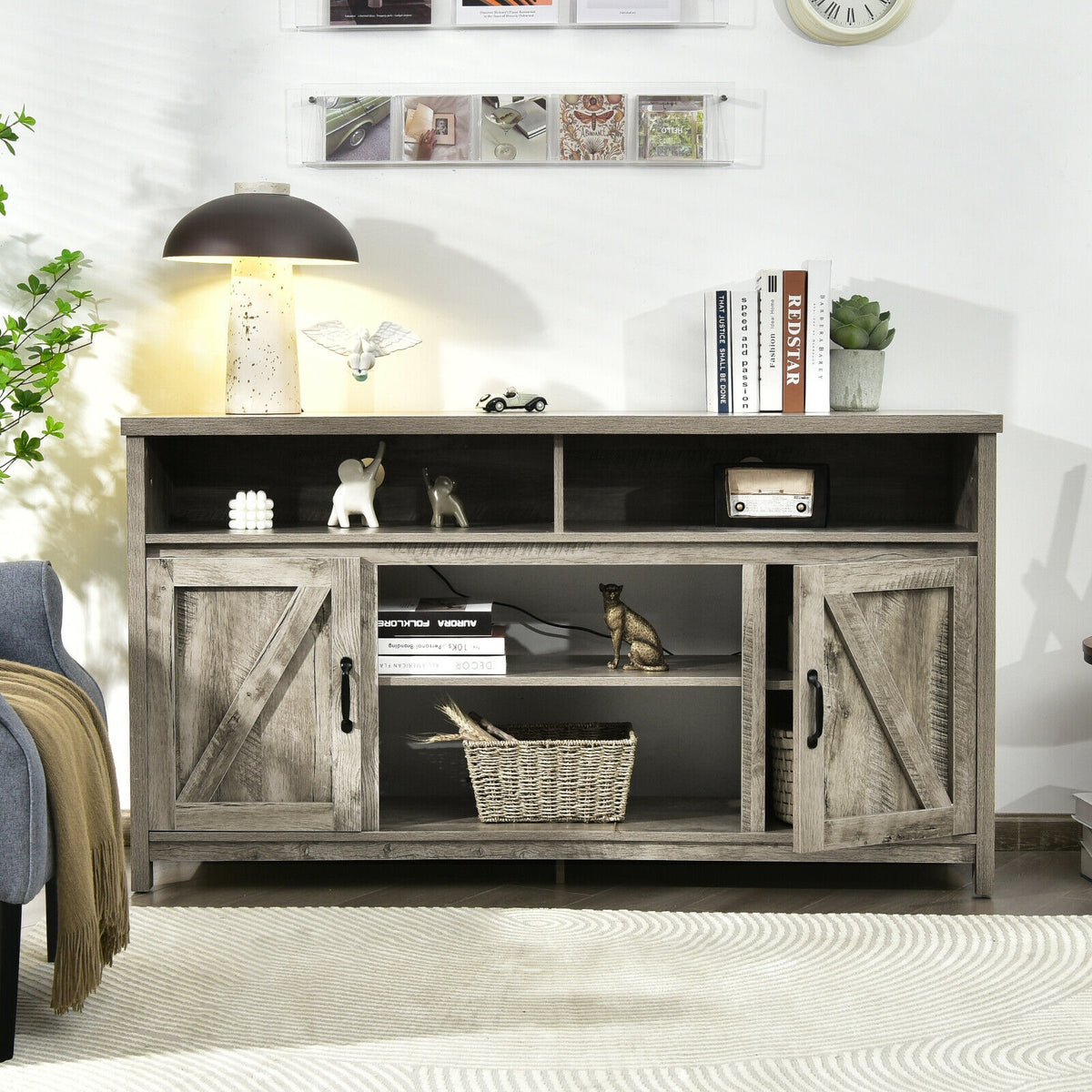 59-Inch TV Stand with Fireplace Compatibility & Barn Doors - Natural