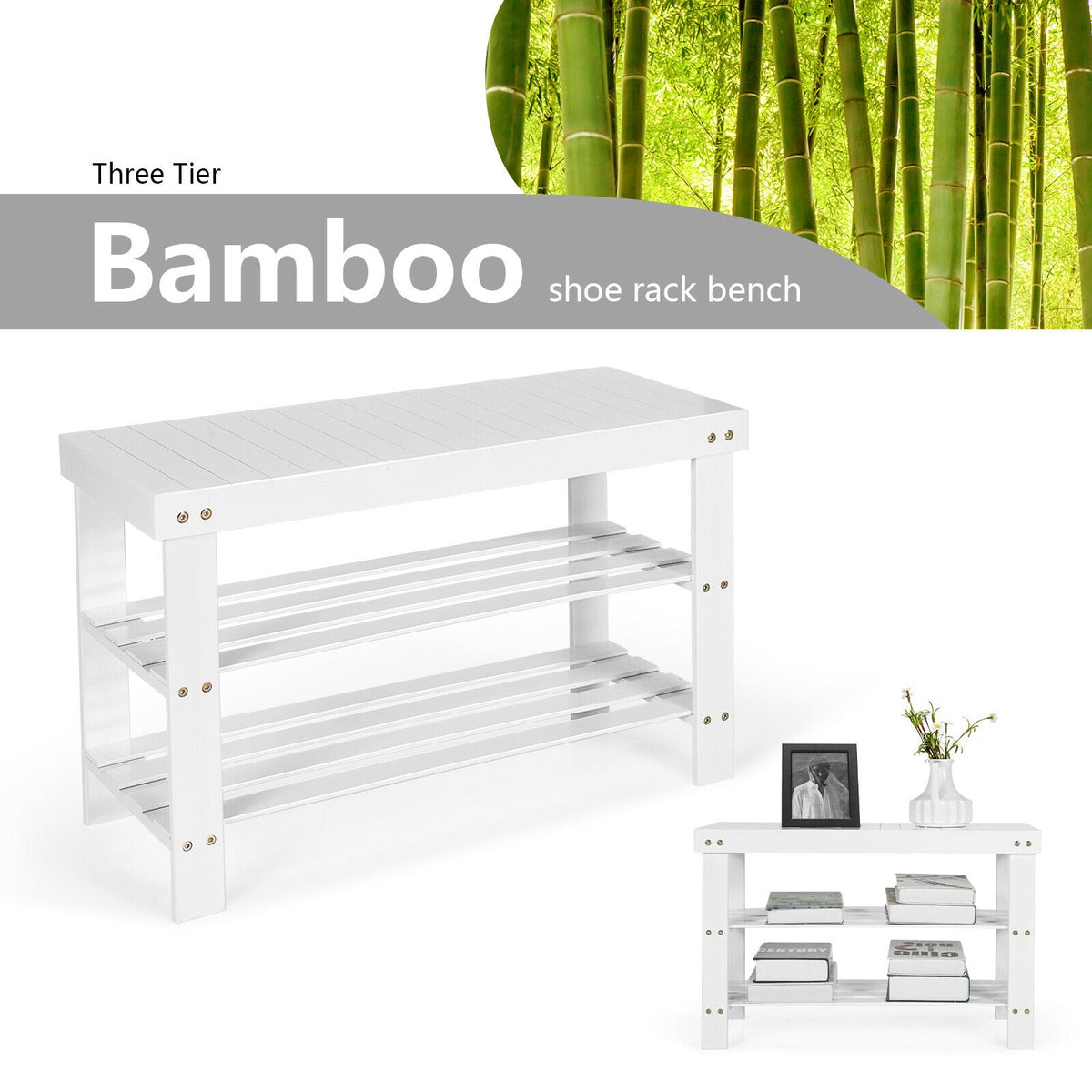 3-Tier Bamboo Shoe Rack Bench, White