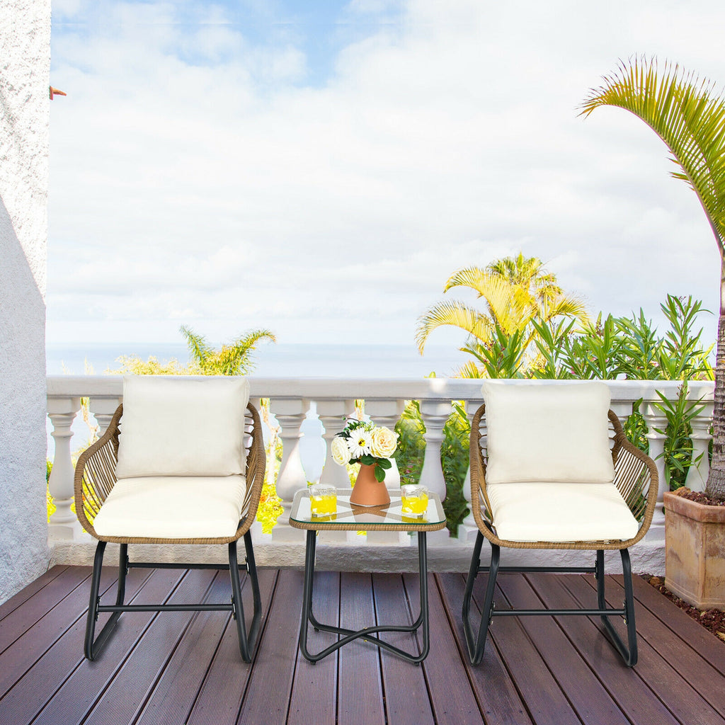 3-Piece Patio Bistro Set with 2 Rattan Chairs and Square Glass Coffee