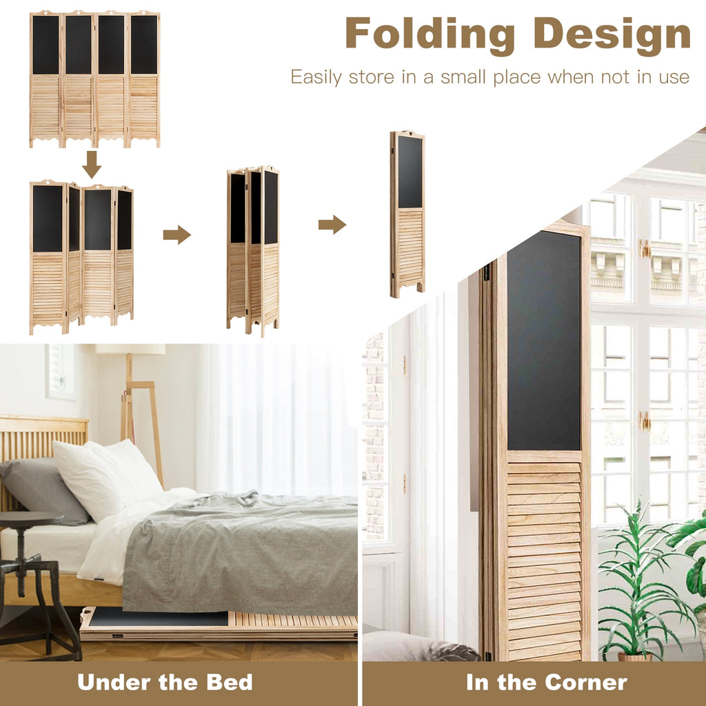 Foldable 4-Panel Room Divider with Chalkboards - Rustic Wood Partition Screen
