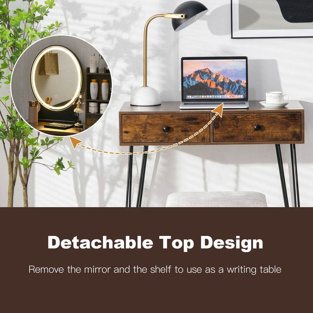 Vanity Table Set with Lighted Mirror and Cushion Stool - Brown