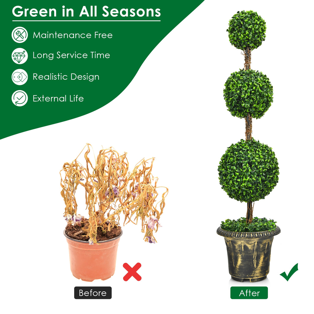 Artificial Topiary Tree - 4 Feet Triple Ball Faux Plant for Indoor & Outdoor Decor
