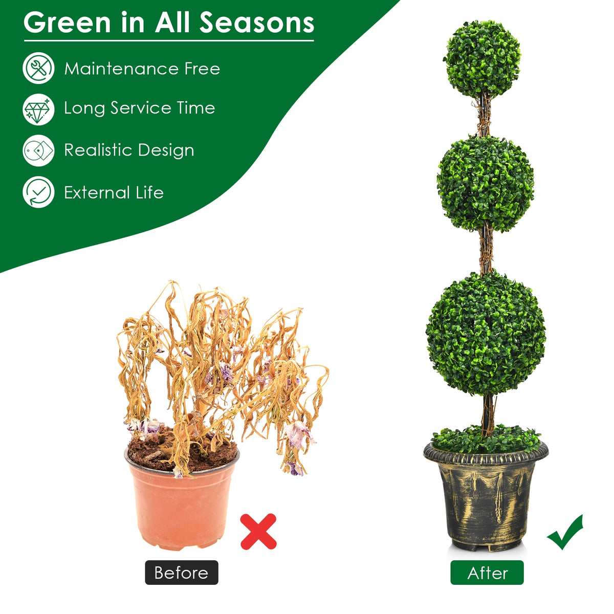 Artificial Topiary Tree - 4 Feet Triple Ball Faux Plant for Indoor & Outdoor Decor