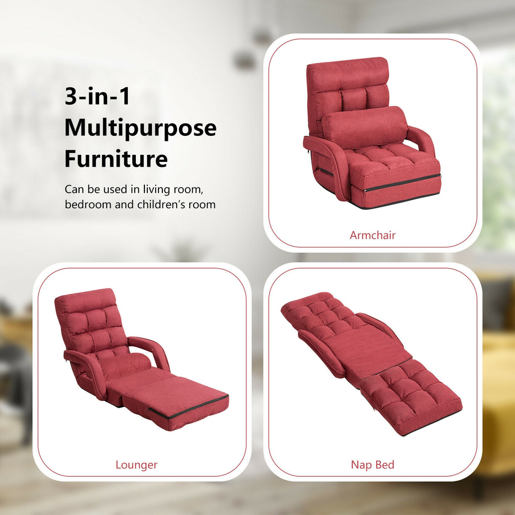 Folding Lazy Floor Chair with Armrests and Pillow - Red