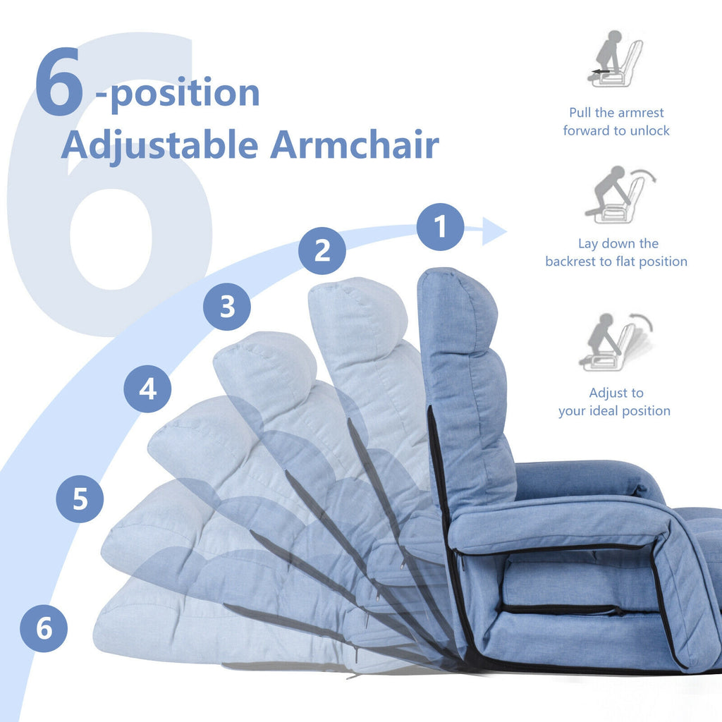 Folding Floor Chair with Armrests and Pillow - Blue