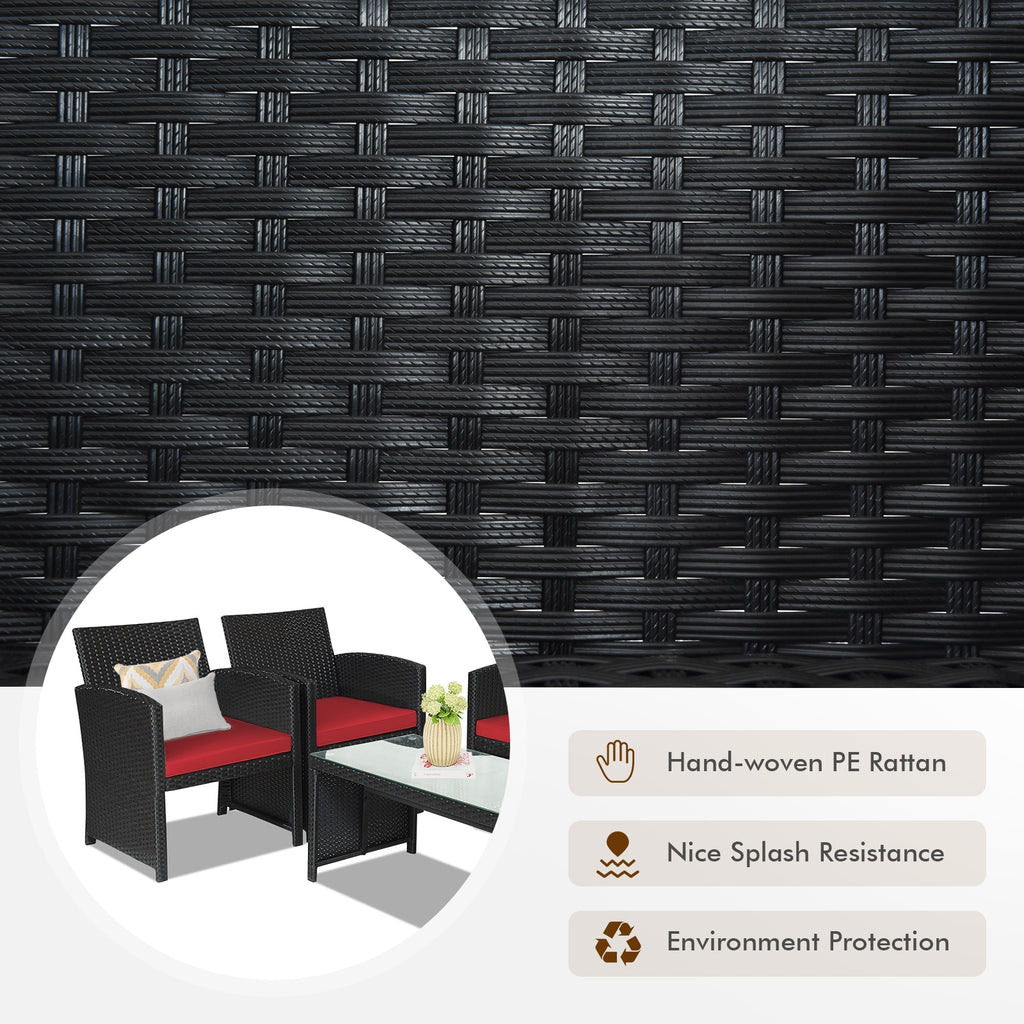 4-Piece Rattan Patio Furniture Set with Cushions - Black Rattan, Red