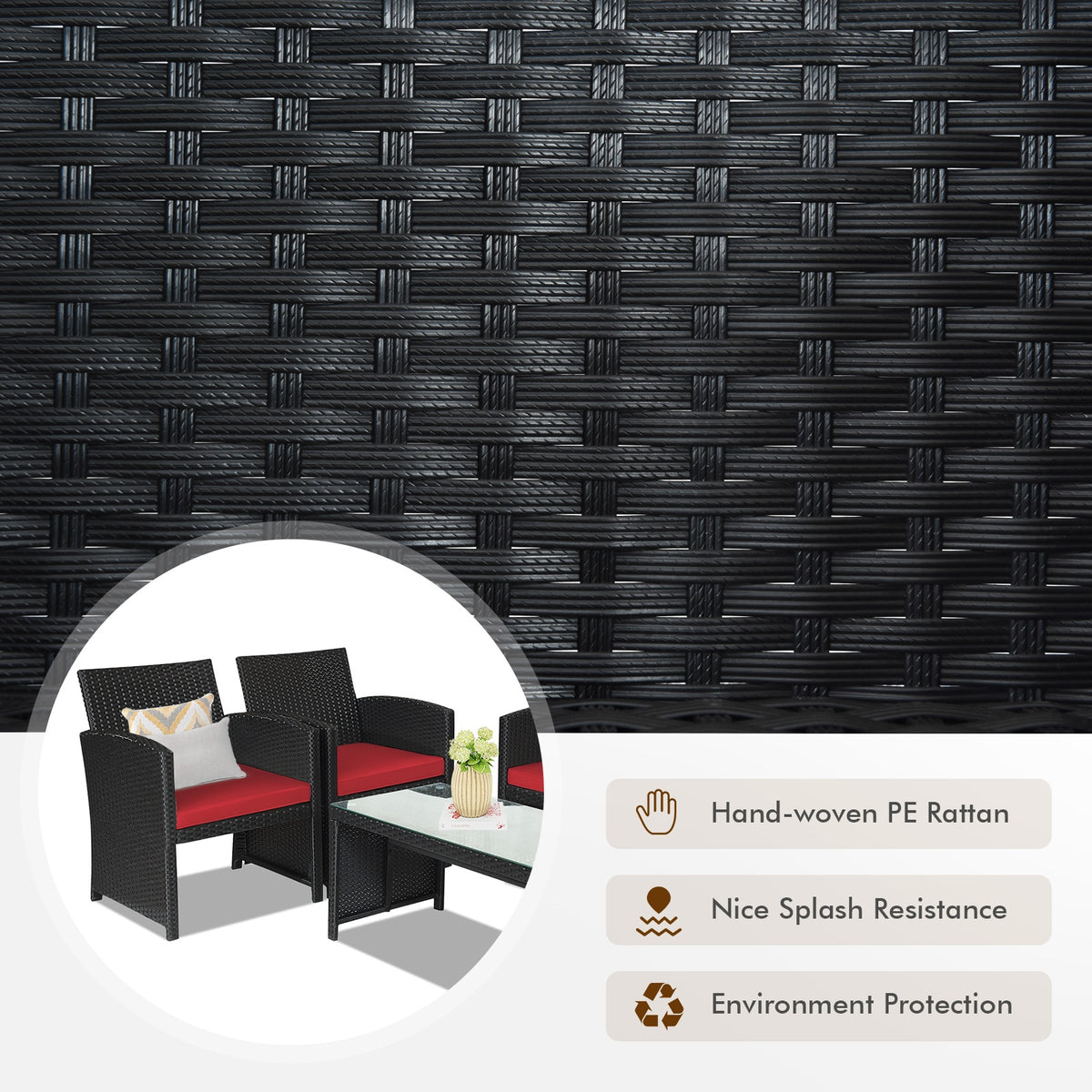 4-Piece Rattan Patio Furniture Set with Cushions - Black Rattan, Red