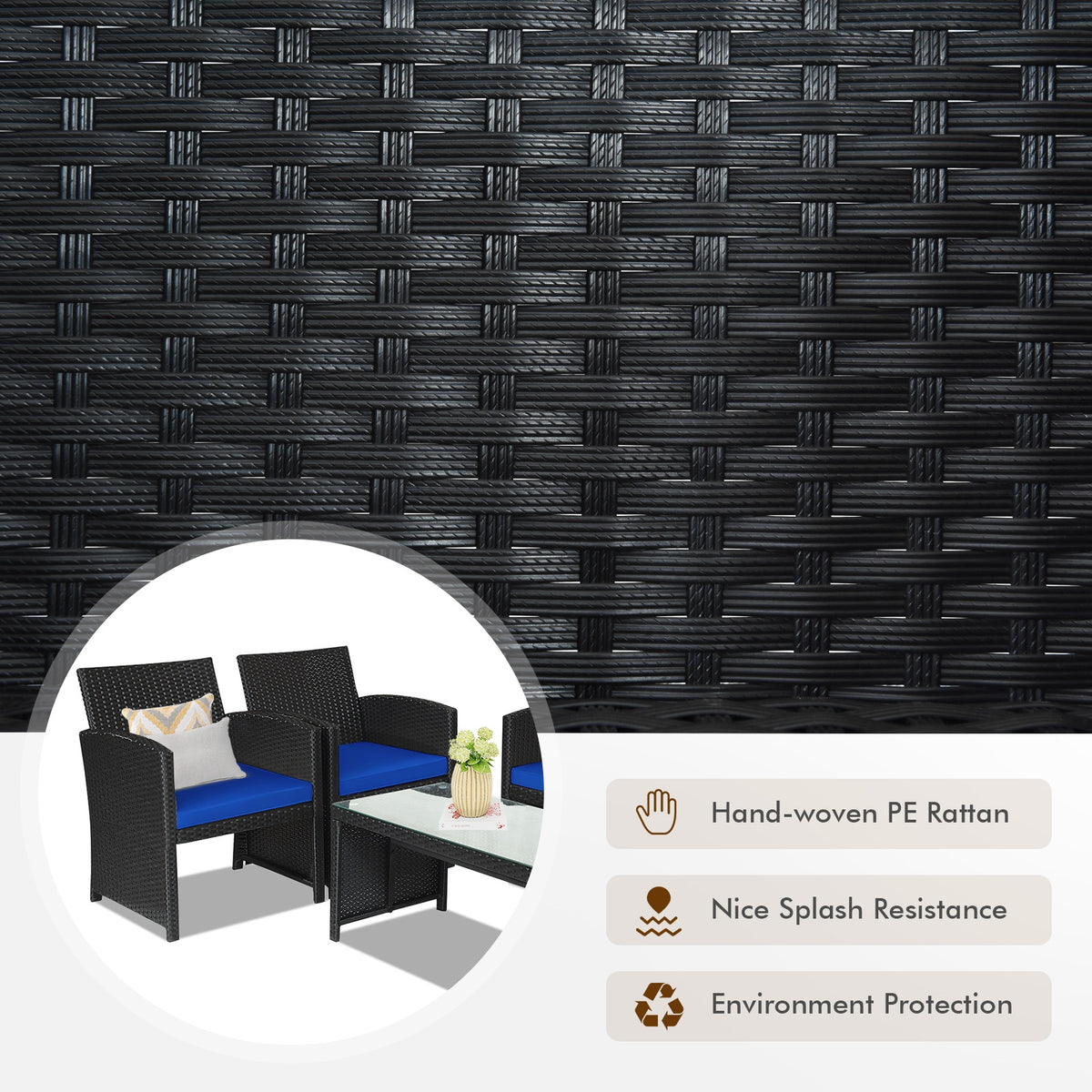 4-Piece Rattan Patio Furniture Set with Cushions - Black Rattan, Navy