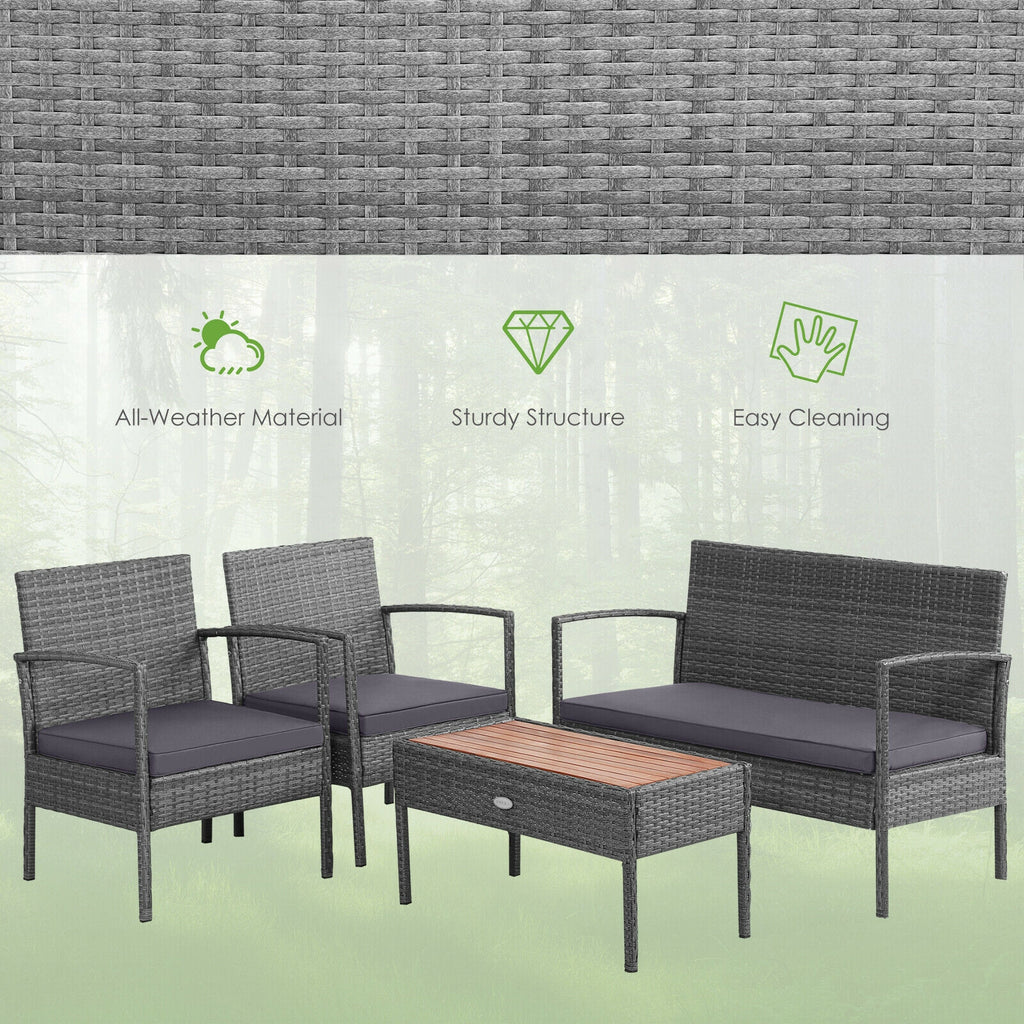 4-Piece Rattan Patio Conversation Set with Acacia Wood Table