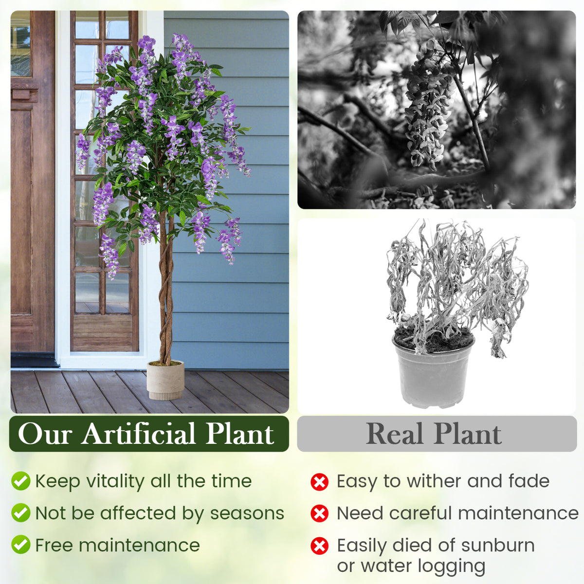 Faux Wisteria Plant Set of 2 - 5.5 FT Artificial Vines with Blooming Flowers, Purple, Natural Look - Variation of THIS listing