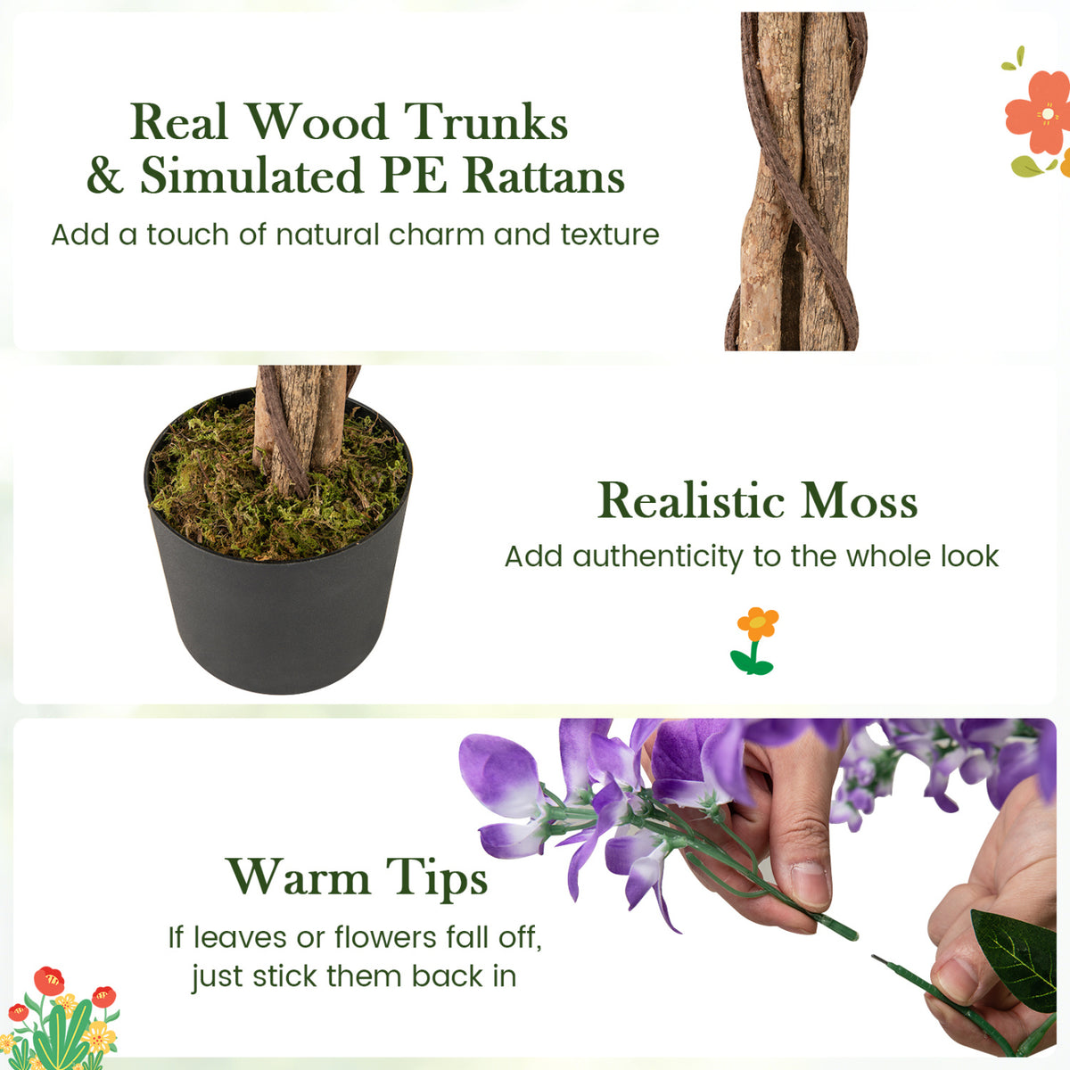 Faux Wisteria Plant Set of 2 - 5.5 FT Artificial Vines with Blooming Flowers, Purple, Natural Look - Variation of THIS listing