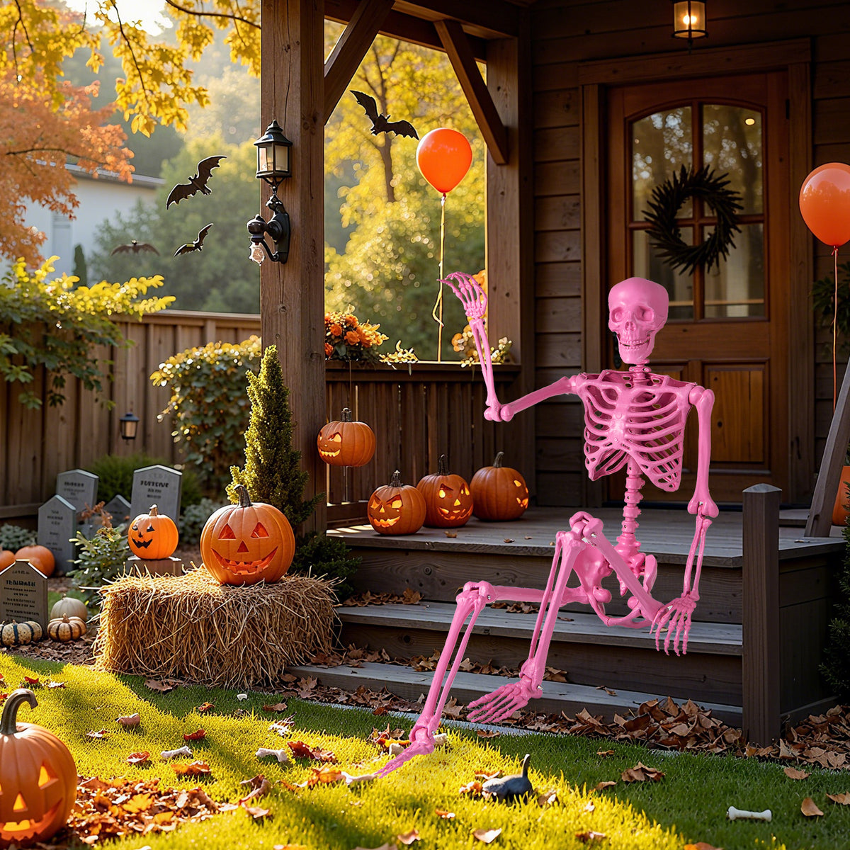 Pink Life-Size Poseable Skeleton Halloween Decoration with Movable Joints