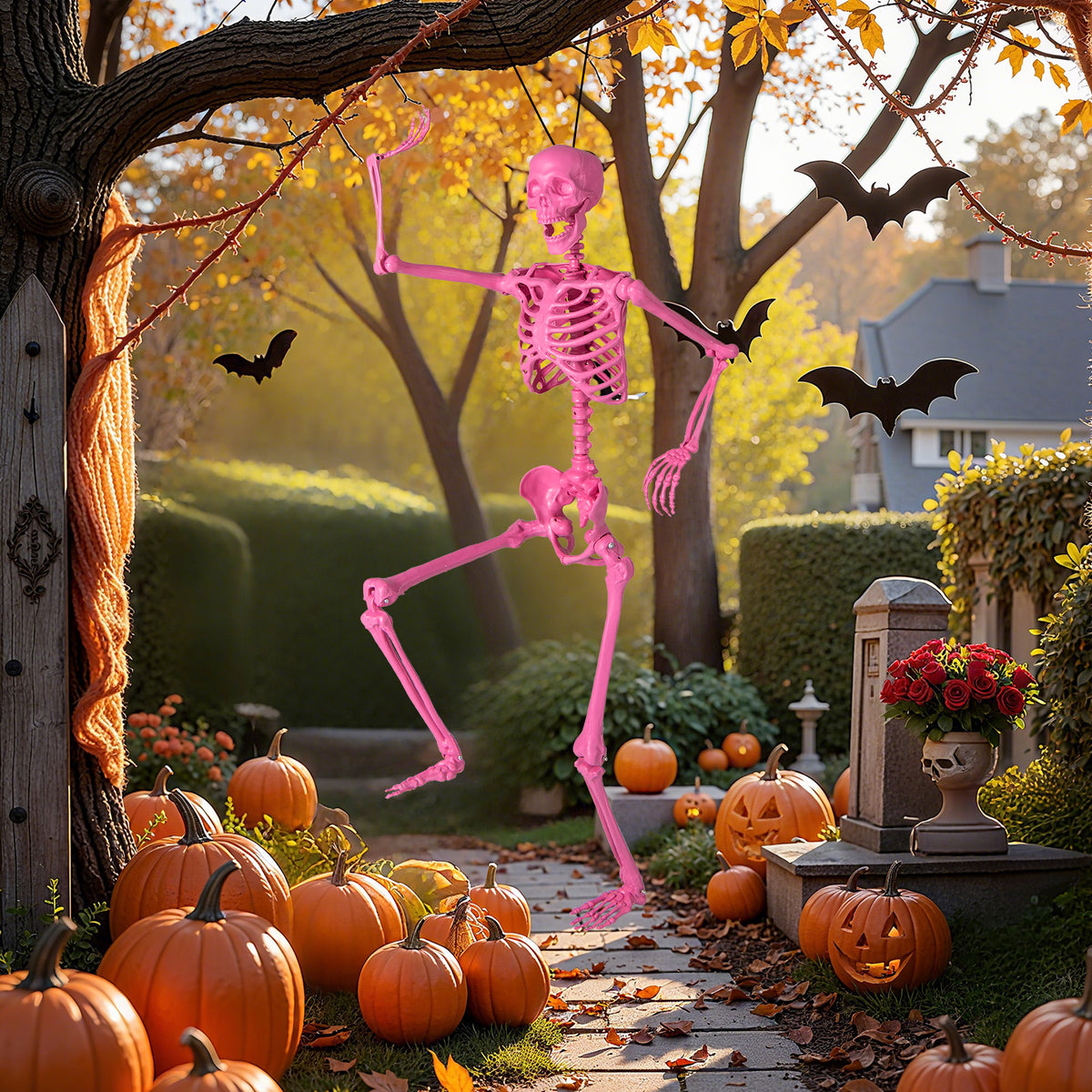 Pink Life-Size Poseable Skeleton Halloween Decoration with Movable Joints