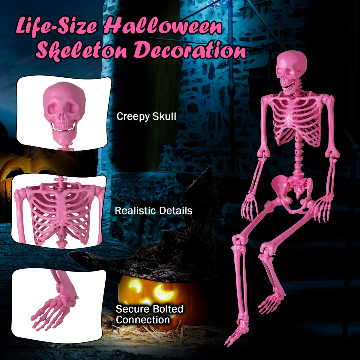Pink Life-Size Poseable Skeleton Halloween Decoration with Movable Joints