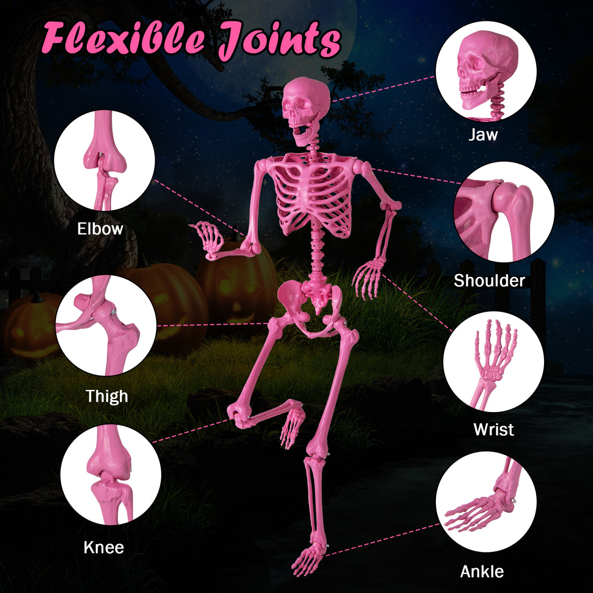 Pink Life-Size Poseable Skeleton Halloween Decoration with Movable Joints