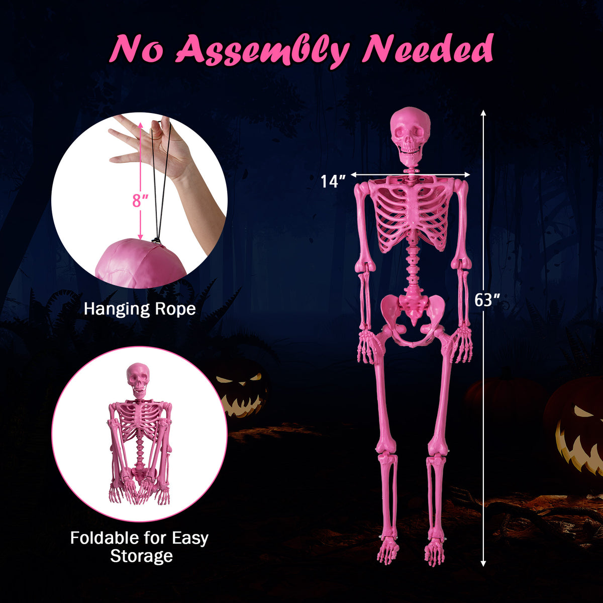 Pink Life-Size Poseable Skeleton Halloween Decoration with Movable Joints