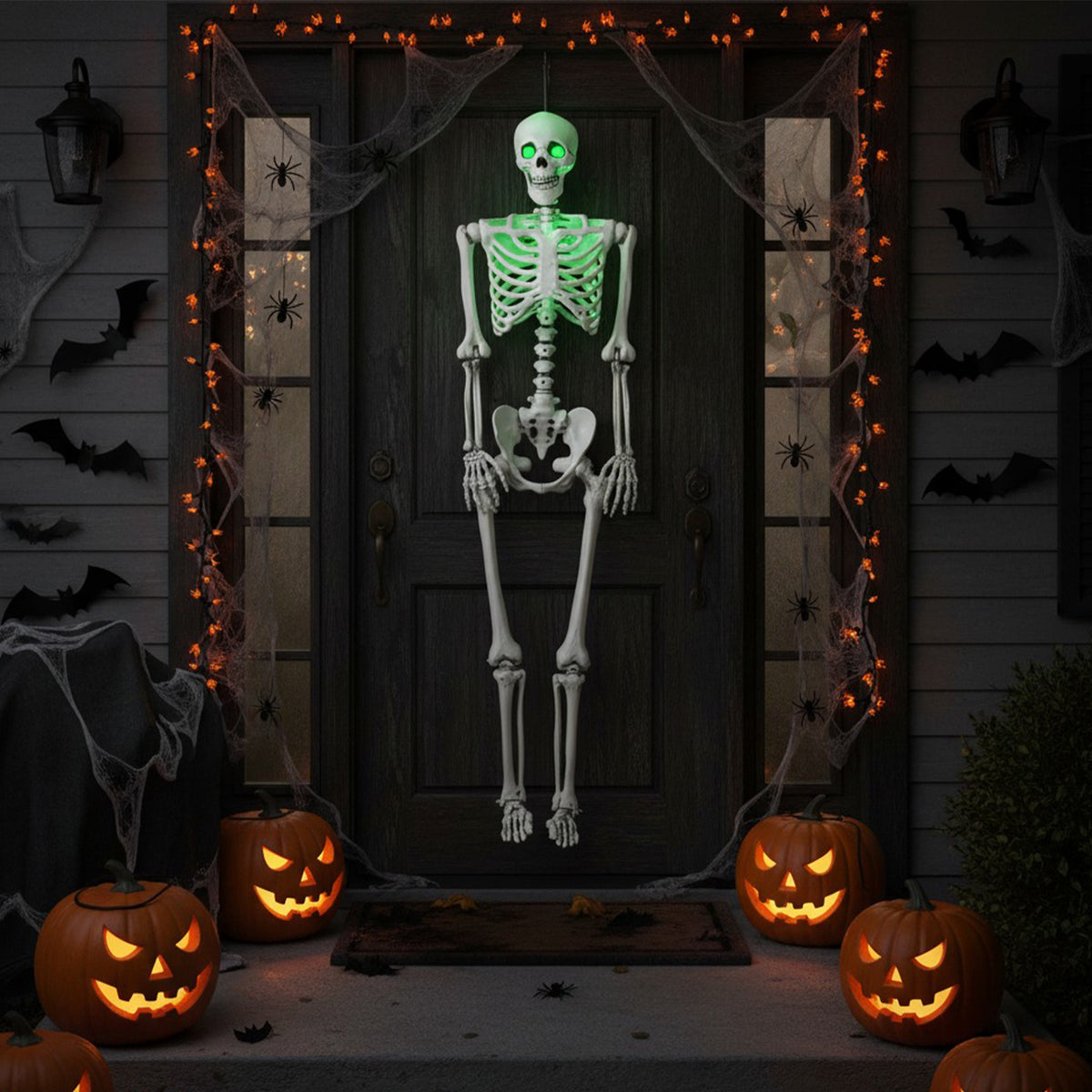 5.5 FT Life-Size Halloween Skeleton with Movable Joints & Green Light for Indoor Outdoor Decor