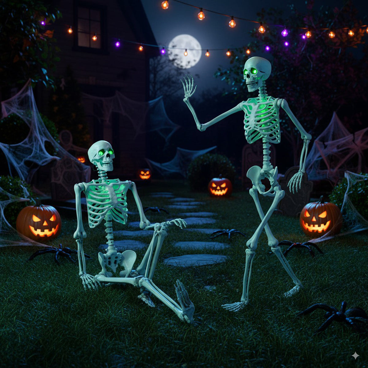 5.5 FT Life-Size Halloween Skeleton with Movable Joints & Green Light for Indoor Outdoor Decor