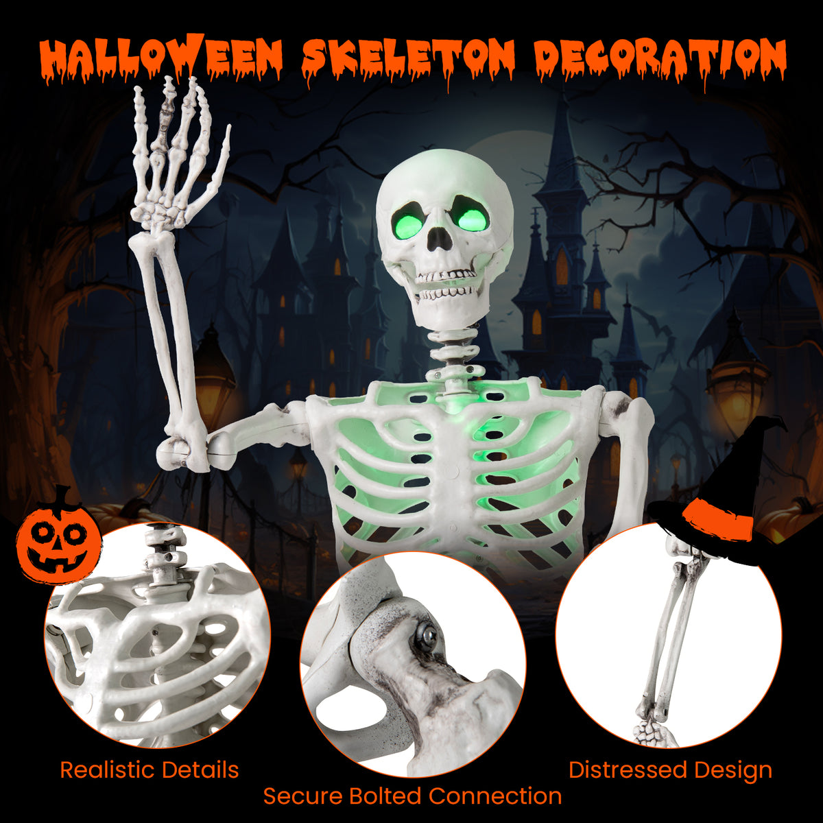 5.5 FT Life-Size Halloween Skeleton with Movable Joints & Green Light for Indoor Outdoor Decor