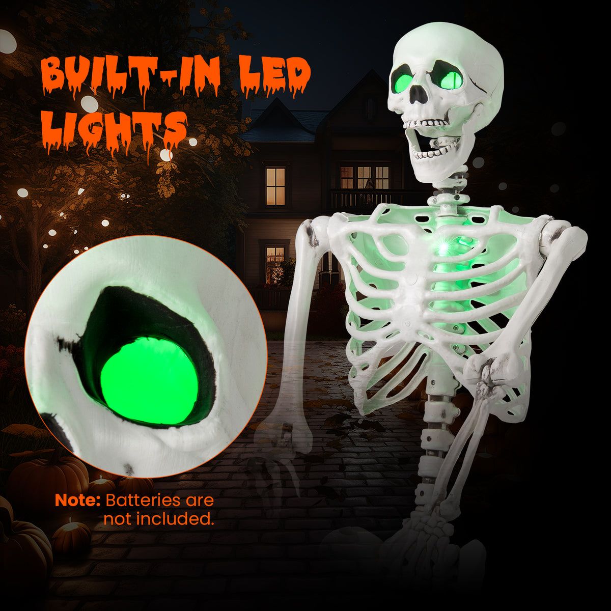 5.5 FT Life-Size Halloween Skeleton with Movable Joints & Green Light for Indoor Outdoor Decor