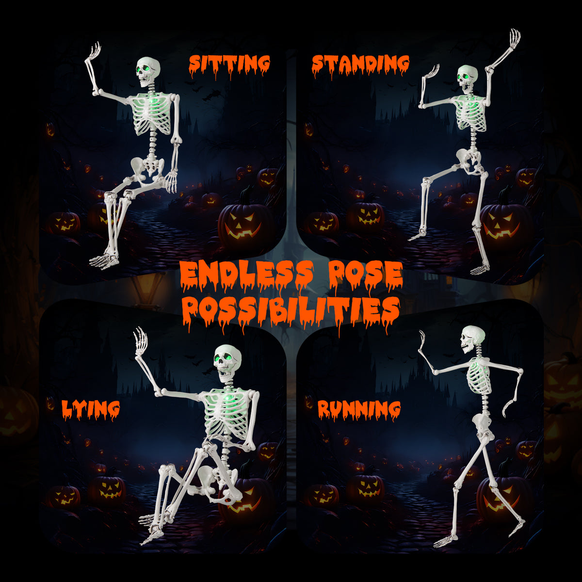 5.5 FT Life-Size Halloween Skeleton with Movable Joints & Green Light for Indoor Outdoor Decor