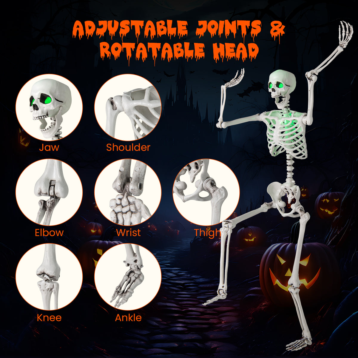 5.5 FT Life-Size Halloween Skeleton with Movable Joints & Green Light for Indoor Outdoor Decor