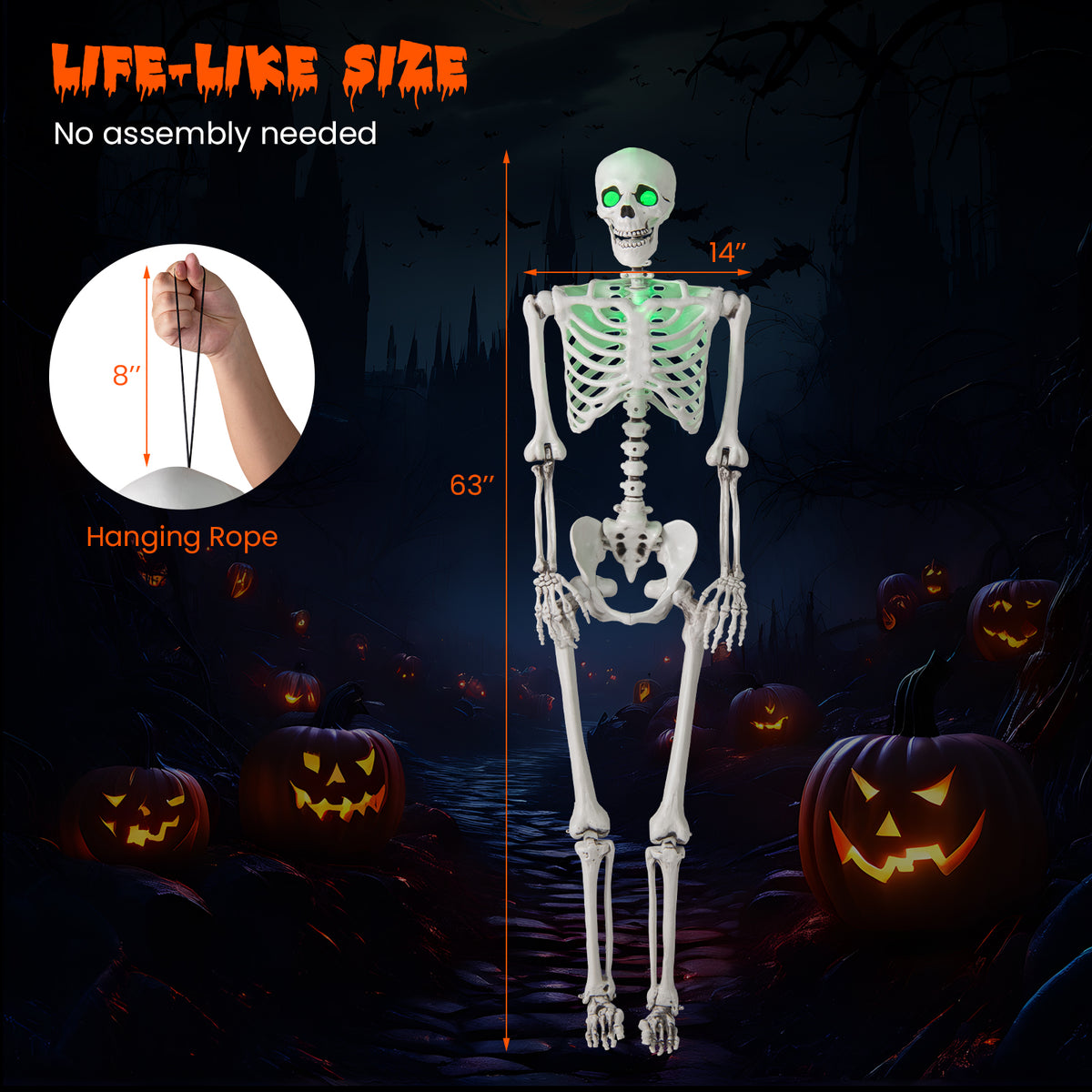 5.5 FT Life-Size Halloween Skeleton with Movable Joints & Green Light for Indoor Outdoor Decor