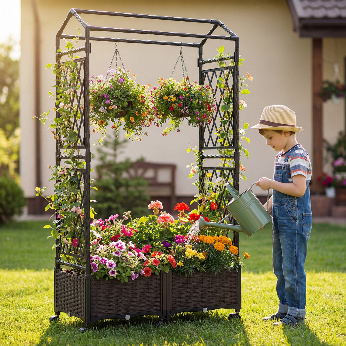 Self-Watering Planter Box with Lattice Trellis & Roof - Brown, 5.5 FT