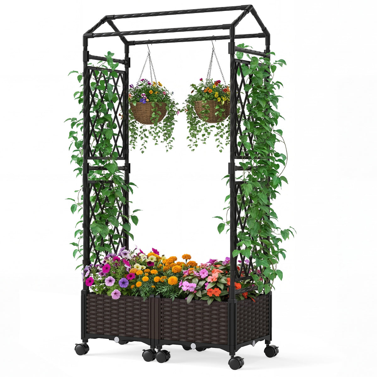 Self-Watering Planter Box with Lattice Trellis & Roof - Brown, 5.5 FT