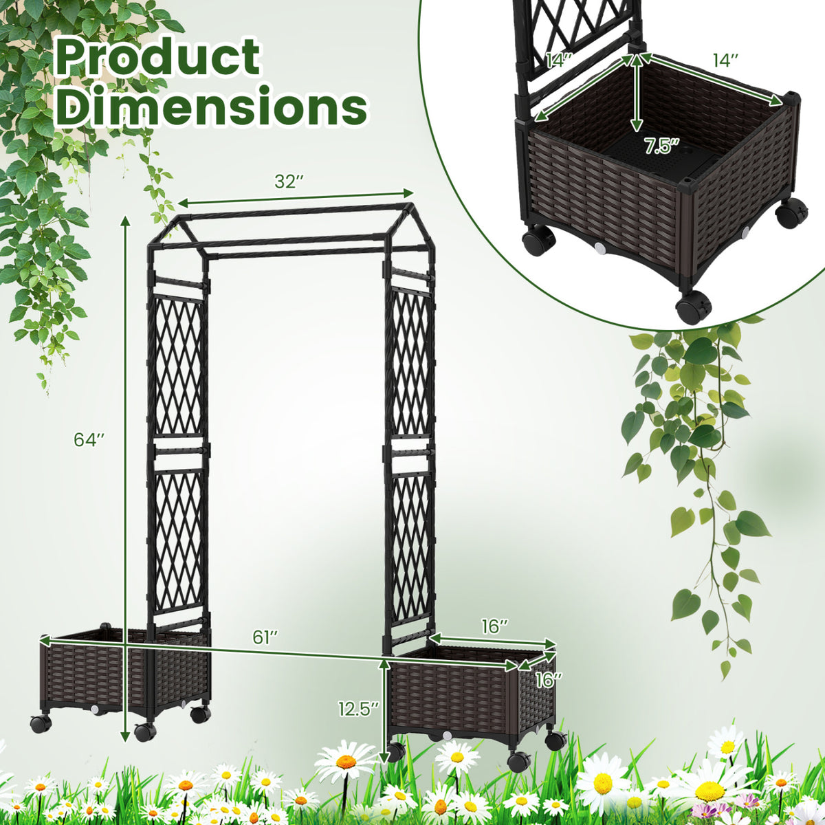 Self-Watering Planter Box with Lattice Trellis & Roof - Brown, 5.5 FT