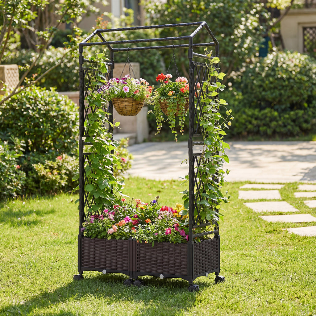 Self-Watering Planter Box with Lattice Trellis & Roof - Brown, 5.5 FT