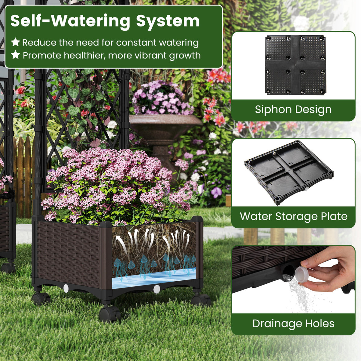 Self-Watering Planter Box with Lattice Trellis & Roof - Brown, 5.5 FT