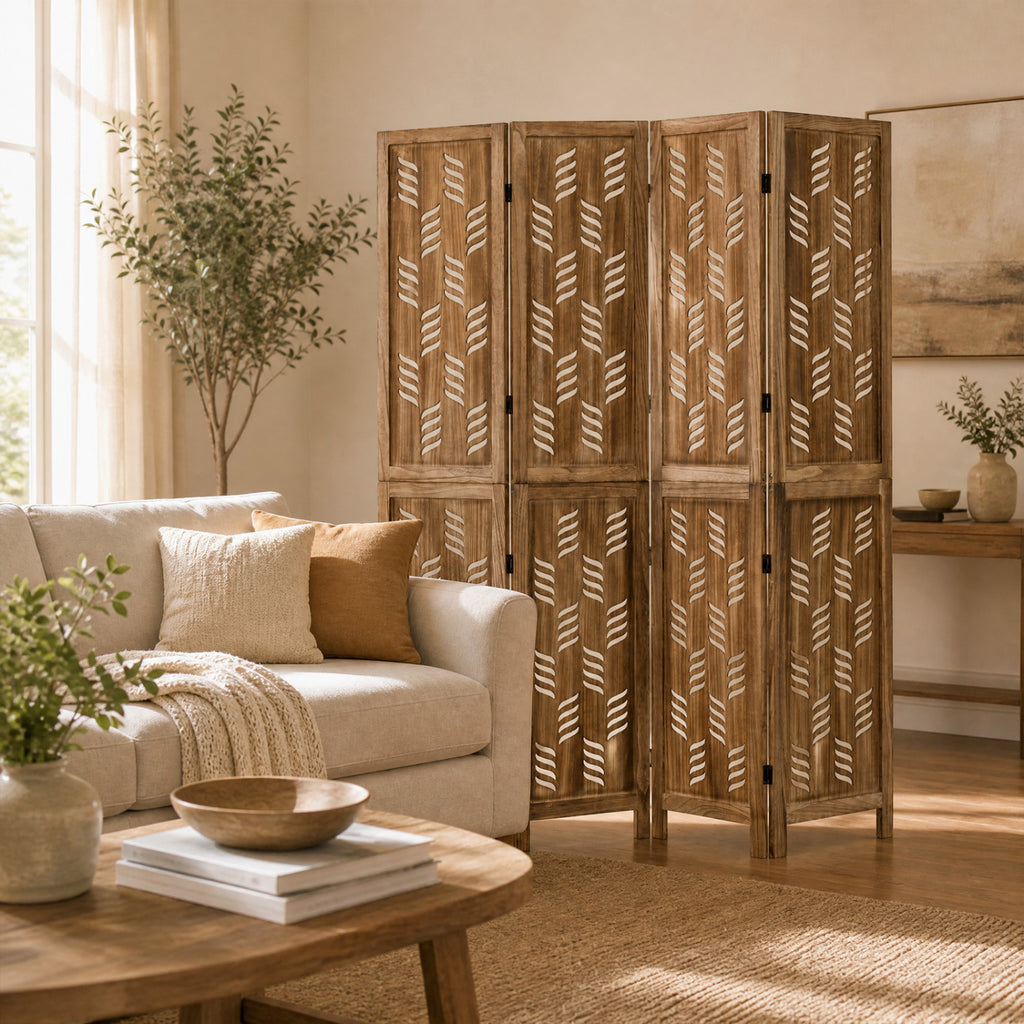 4-Panel Tall Room Divider with Wave Cutout & Paulownia Frame - Brown, 5.5FT